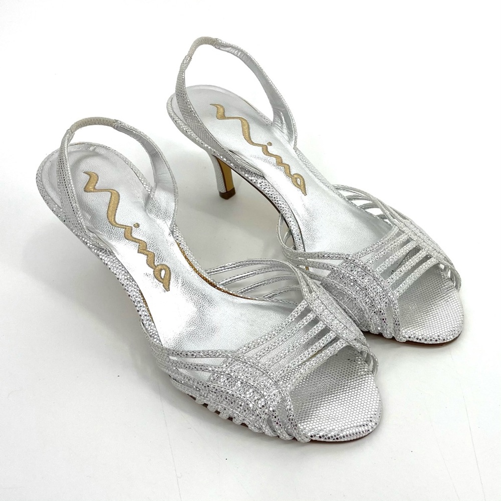 Silver Nina slingback kitten heels